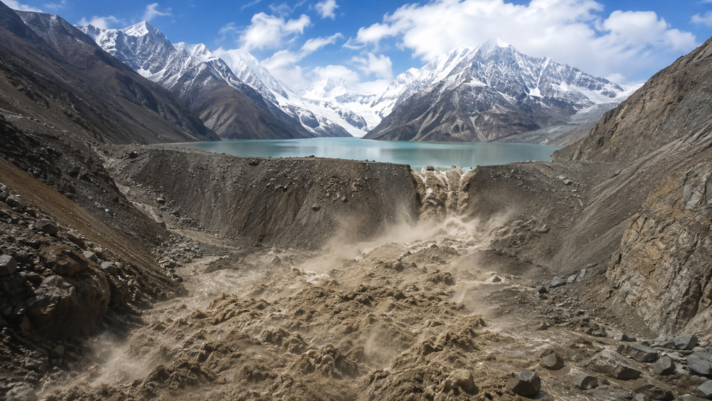 Glacial lake outburst flood breaching a moraine dam in a Himalayan valley