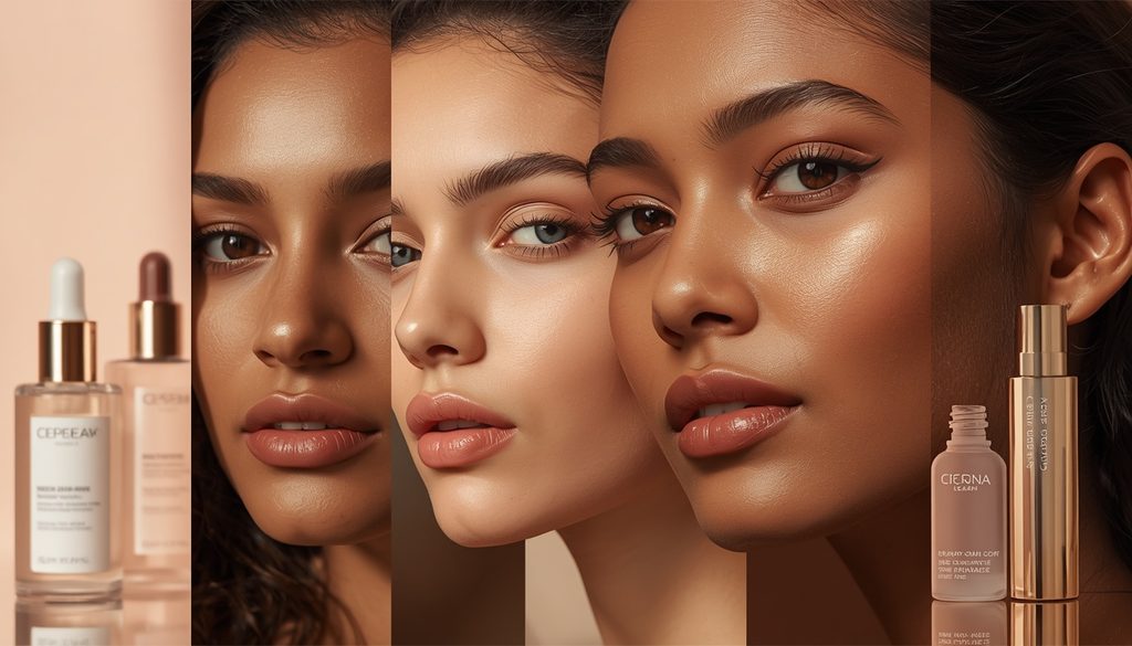 Indian women with diverse skin tones showcasing Korean-inspired dewy skincare and natural makeup, highlighting K-Beauty trends on Indian skin.