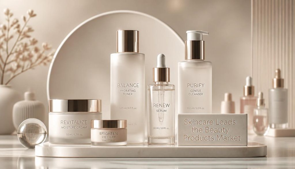 Skincare, makeup, and self-care beauty products displayed in a modern minimalist setting