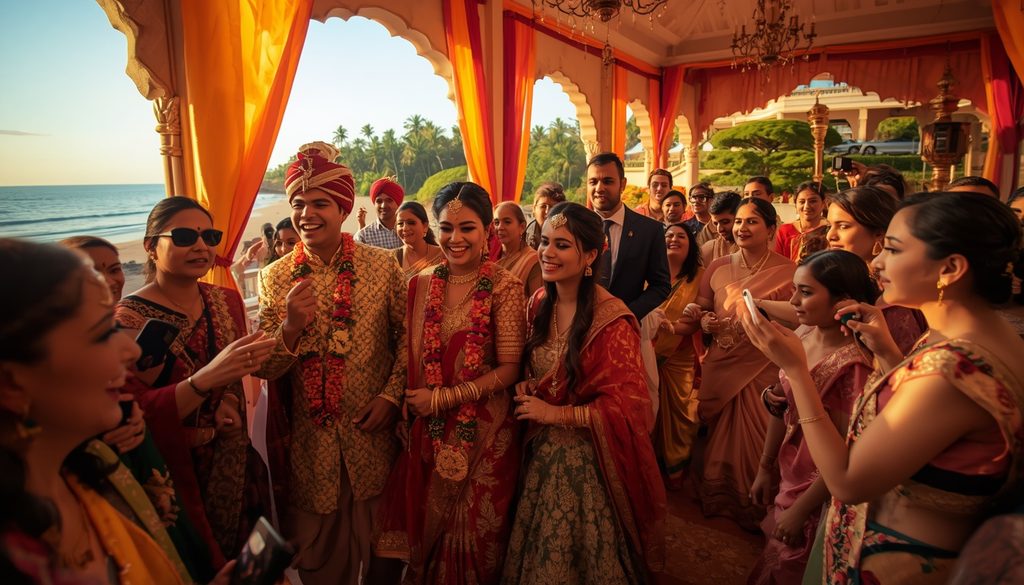 Couple and guests celebrating a vibrant destination Indian wedding at a beachfront venue with traditional attire, floral garlands, and festive decorations.