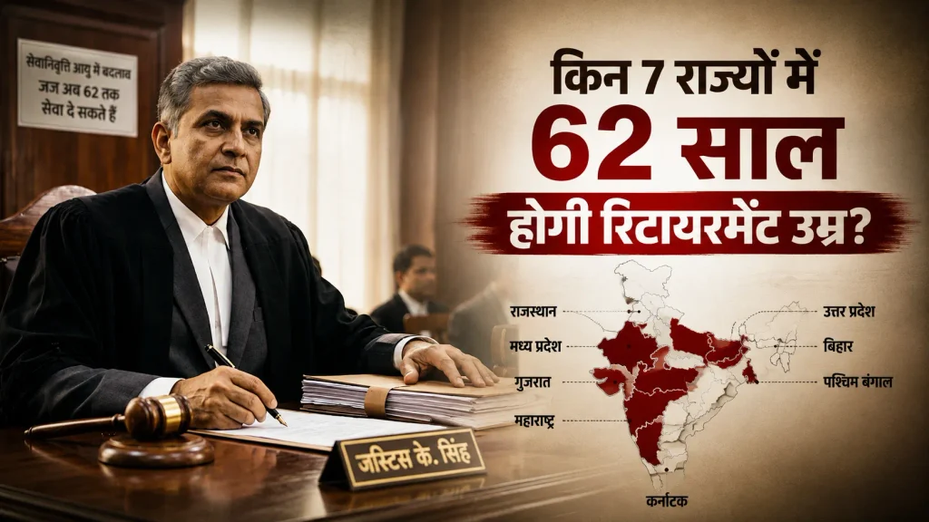 सुप्रीम कोर्ट के निर्देश से 7 राज्यों में जजों की रिटायरमेंट उम्र 62 साल होने की जानकारी दर्शाता समाचार ग्राफिक, जिसमें जज और भारत का मानचित्र दिखाई दे रहा है।