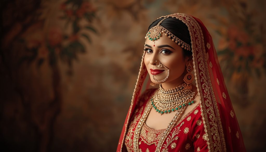 Indian bride showcasing a traditional bridal look with a red embroidered lehenga, ornate gold jewelry, bridal veil, and elegant makeup.