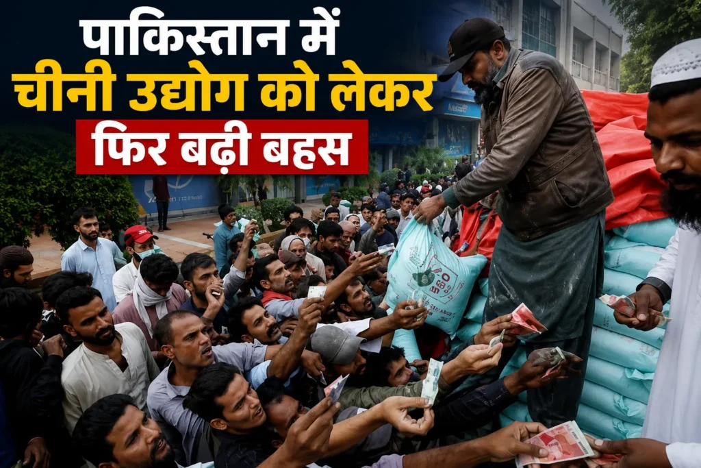 पाकिस्तान में चीनी उद्योग को लेकर बढ़ती बहस और चीनी की कीमतों से जुड़ी चिंताओं को दर्शाती तस्वीर, जिसमें लोग चीनी के बोरे खरीदने के लिए कतार में नजर आ रहे हैं।