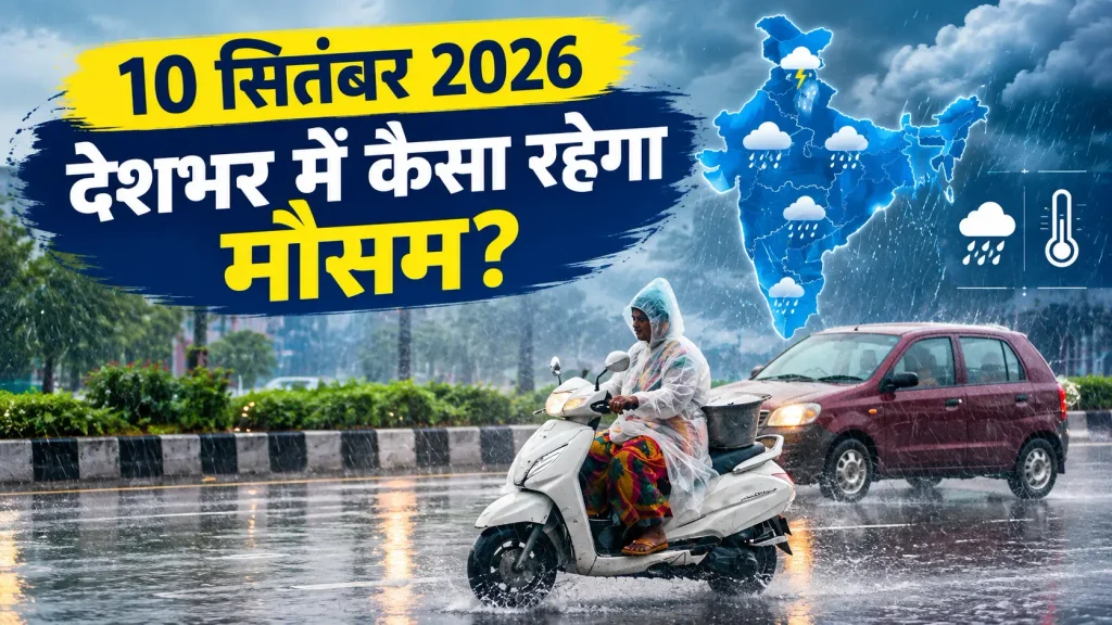 10 सितंबर 2026 के देशभर के मौसम अपडेट को दर्शाती तस्वीर, जिसमें तेज बारिश, घने बादल, बारिश में स्कूटर चलाता व्यक्ति और भारत का मौसम मानचित्र दिखाई दे रहा है।