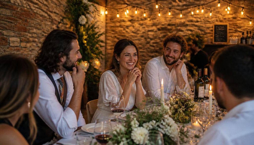 Guests enjoying an intimate wedding dinner with warm lighting, elegant table decor, candles, and a cozy atmosphere.