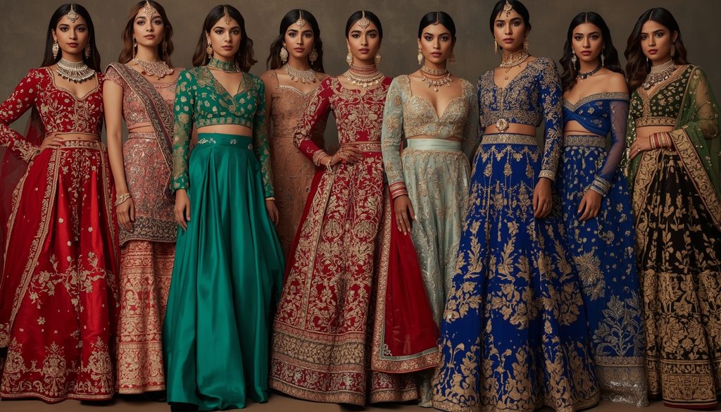 Indian women showcasing statement wedding dresses in bold colors and intricate embroidered designs, highlighting the return of dramatic bridal fashion trends.
