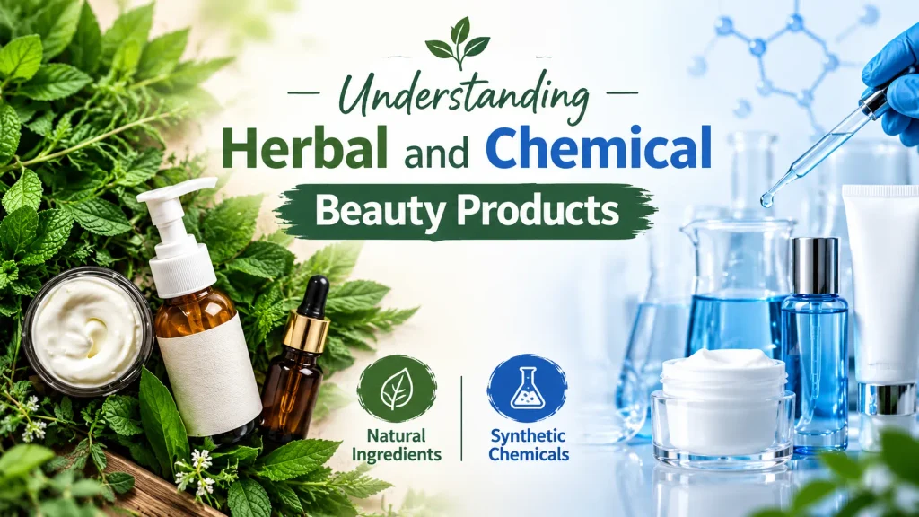 Comparison of herbal and chemical beauty products featuring natural herbs, skincare bottles, laboratory glassware and synthetic skincare ingredients