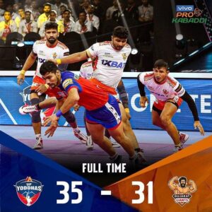 PKL 2022 के 93वें मुकाबले में यूपी योद्धाज ने गुजरात जायंट्स को 35-31 से हराया  ।