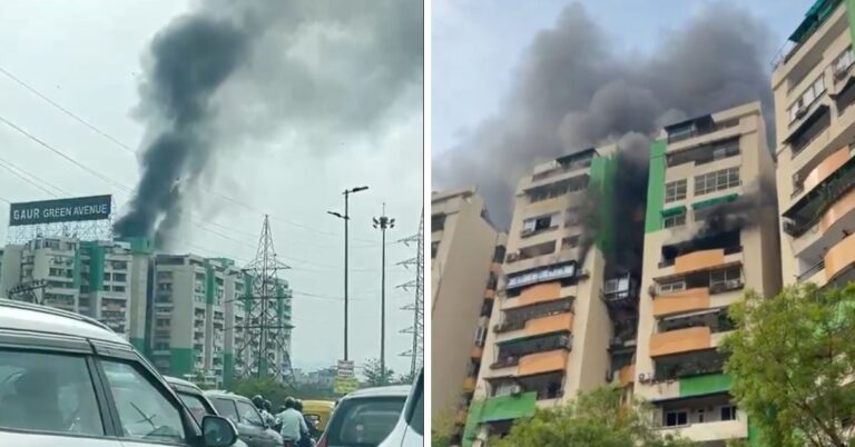 गाजियाबाद की Gaur Green Avenue Society में भीषण आग, तीन मंजिलों तक फैली लपटें