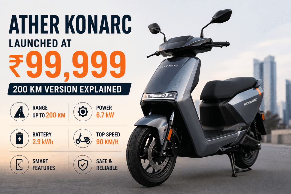Ather Konarc Launched at ₹99,999: Price, Range, Specs, Variants, Features & 200 km Version Explained