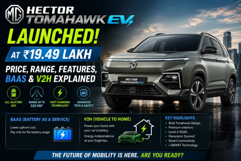 MG Hector Tomahawk EV Launched at ₹19.49 Lakh: Price, Range, Features, BaaS & V2H Explained