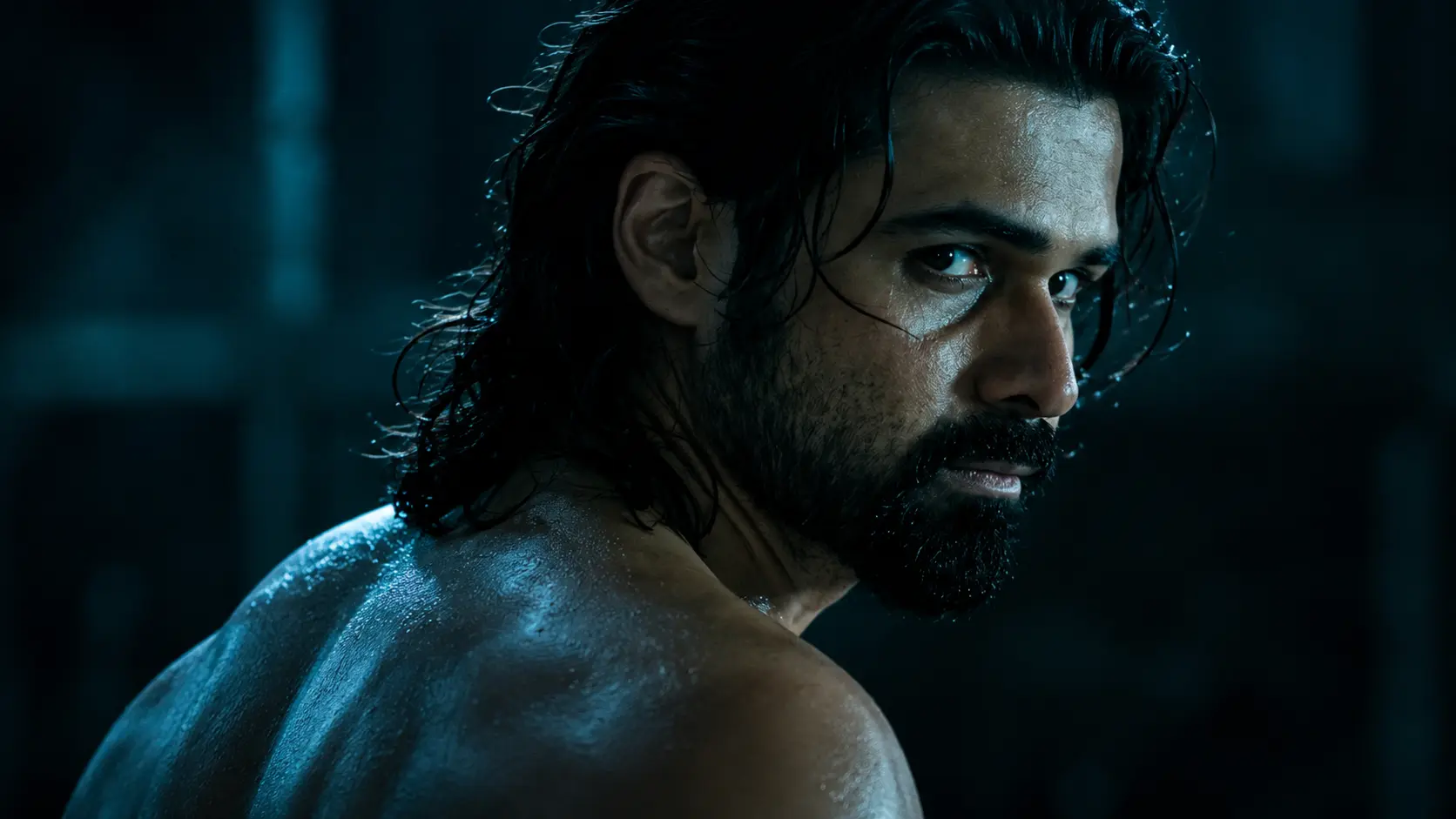 Emraan Hashmi in a dark, intense close-up with wet hair and a beard, representing his character in Awarapan 2