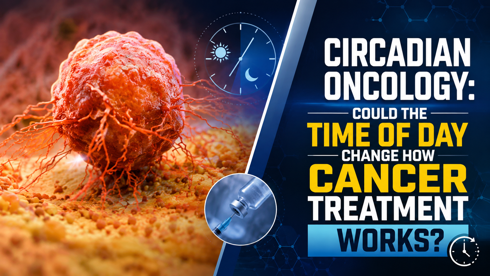 Circadian oncology concept showing a cancer cell, clock, and cancer treatment, illustrating how the time of day may influence cancer therapy