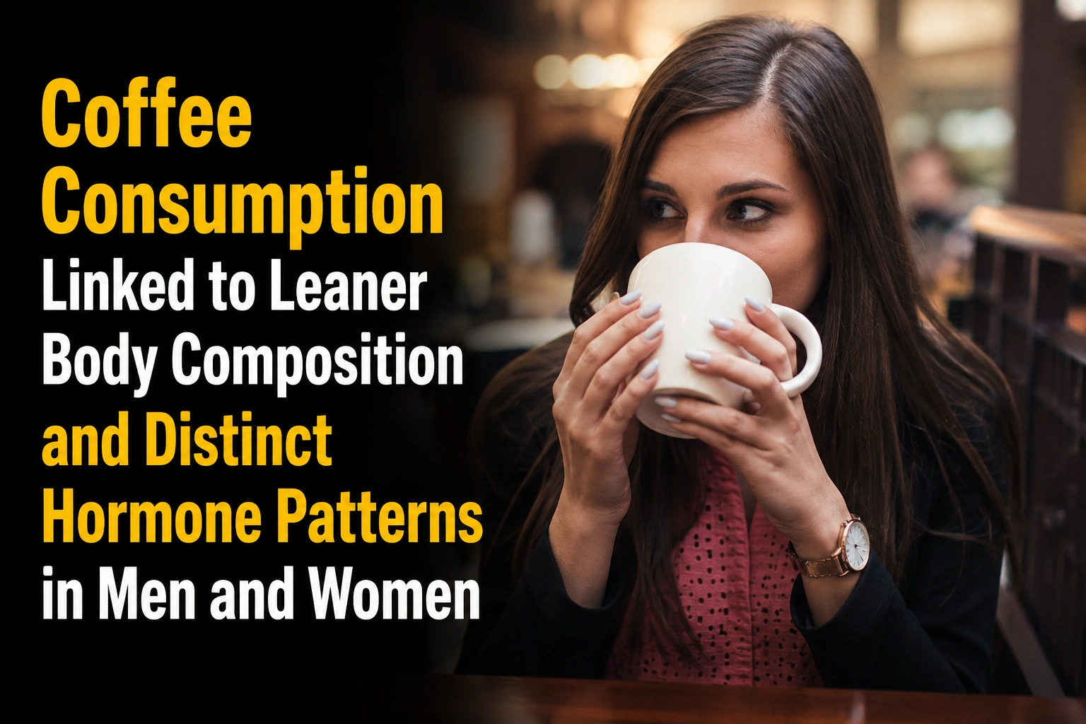 Woman drinking coffee as research links habitual coffee consumption with leaner body composition and distinct hormone patterns in men and women.