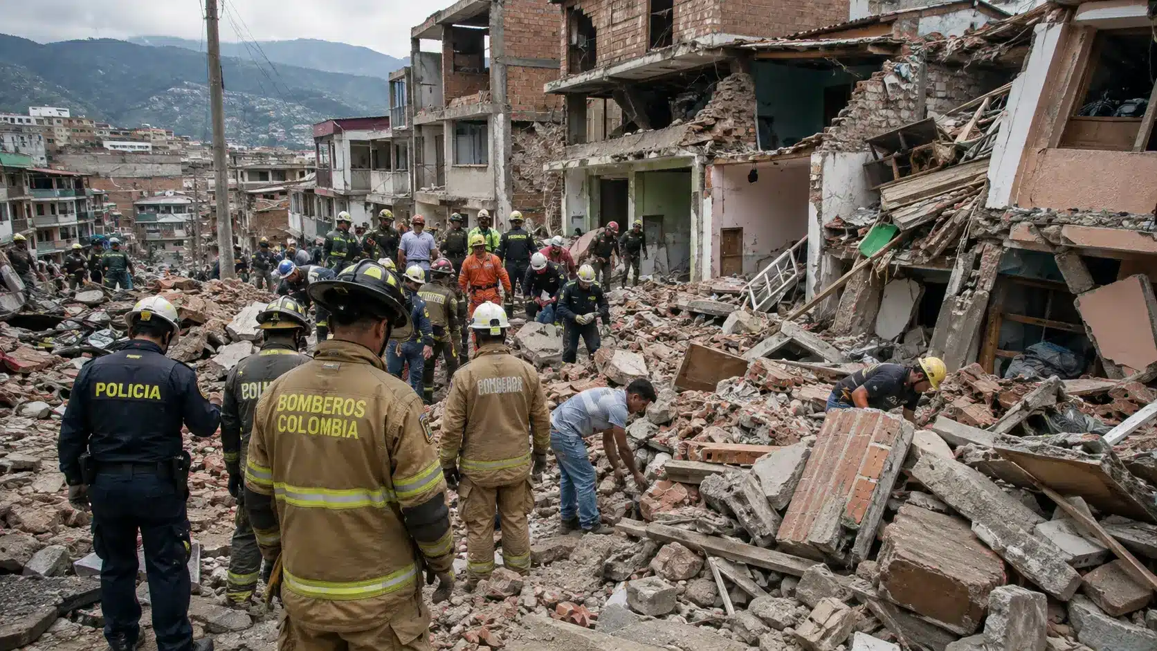 Rescue workers search through rubble after the 7.4-magnitude earthquake in western Colombia