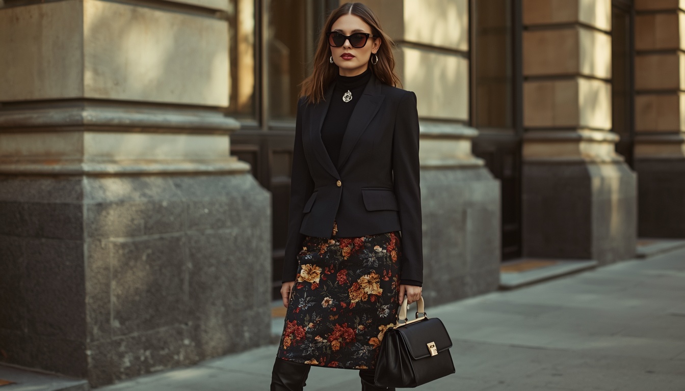 Fall 2026 fashion trends featuring tailored jackets, peplum silhouettes, floral prints and knee-high boots