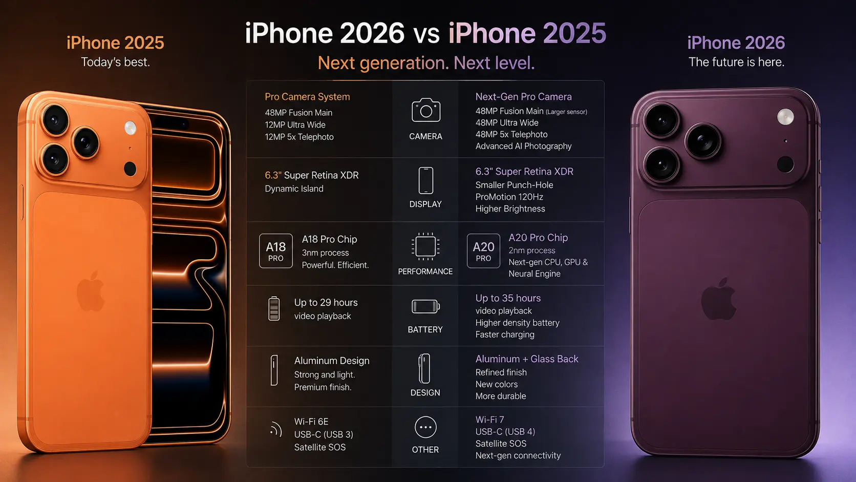 iPhone 2026 vs iPhone 2025 comparison showing expected iPhone 18 Pro upgrades