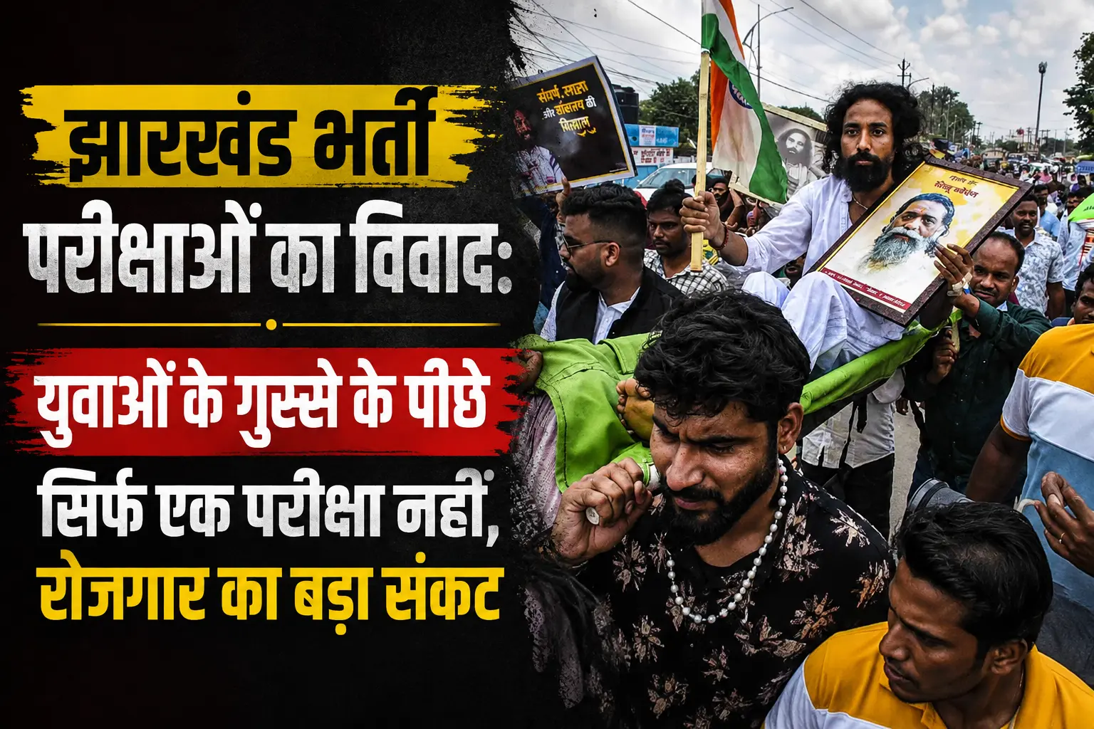 Youth protesters march during a Jharkhand recruitment exam protest carrying posters and the Indian national flag