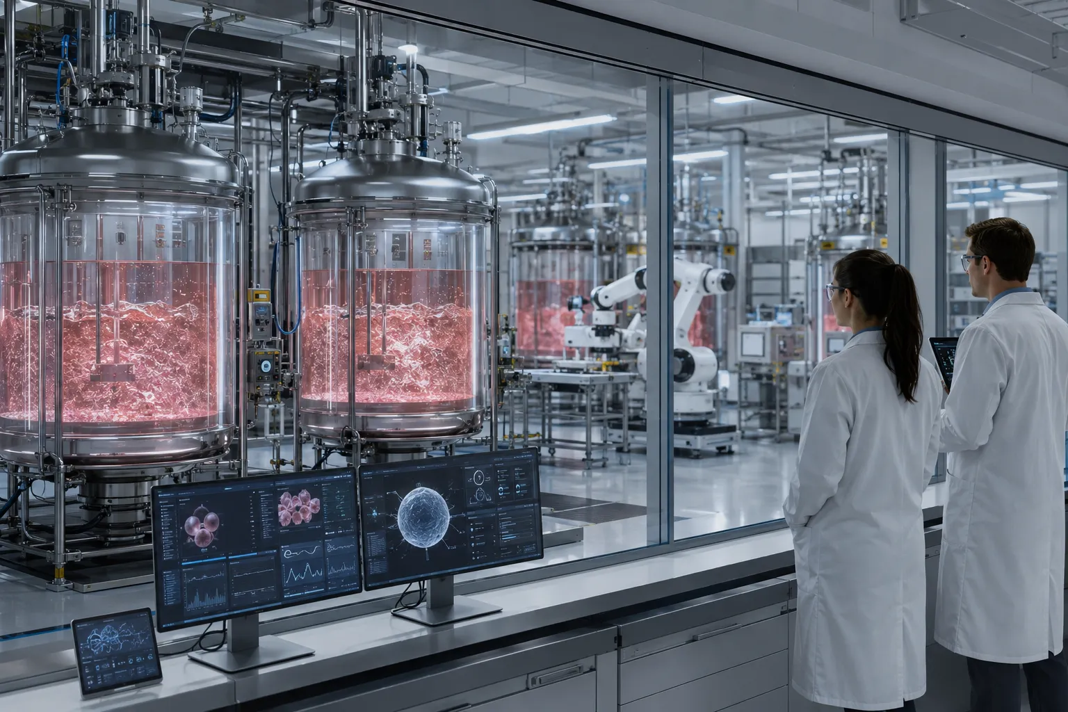 Lab-grown meat being produced in bioreactors using biotechnology and automated systems