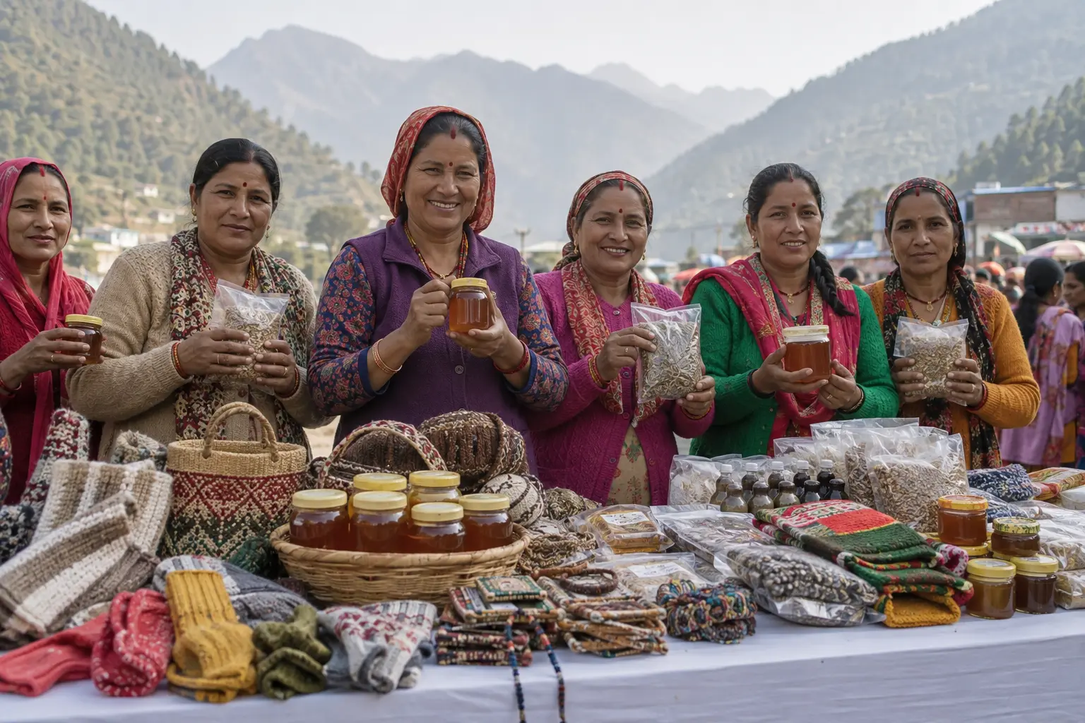 lakhpati didi uttarakhand : उत्तराखंड में लखपति दीदी और महिला उद्यमी स्थानीय उत्पाद बेचती हुईं