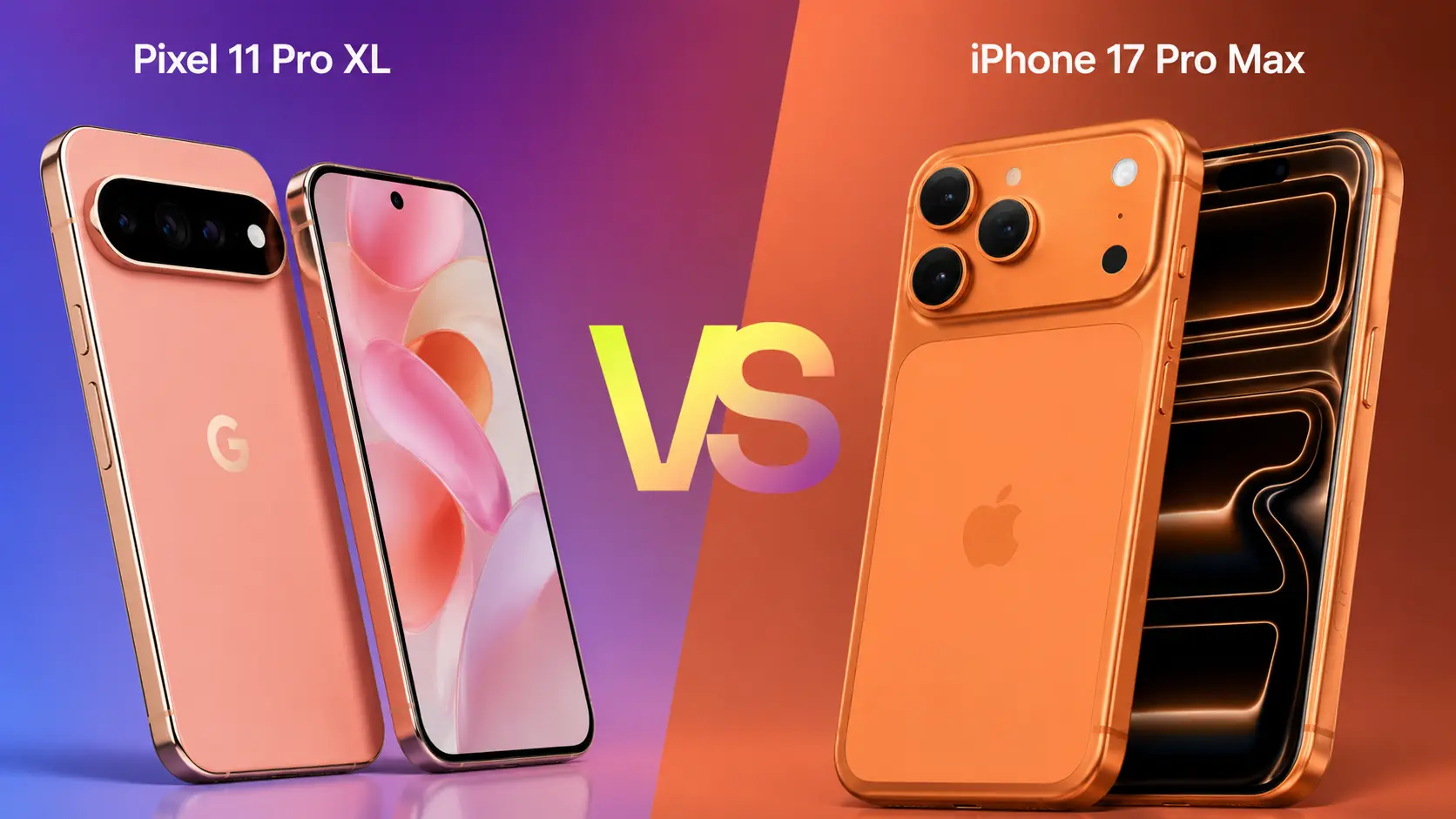 Pixel 11 Pro XL vs iPhone 17 Pro Max smartphone comparison showing both flagship phones side by side