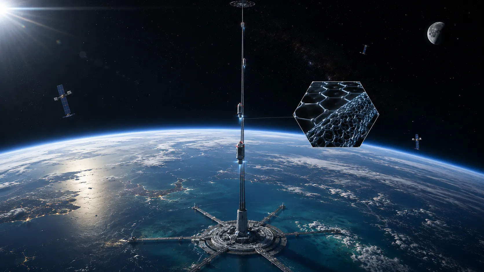 Future space elevator using advanced materials to transport climbers from Earth toward orbit