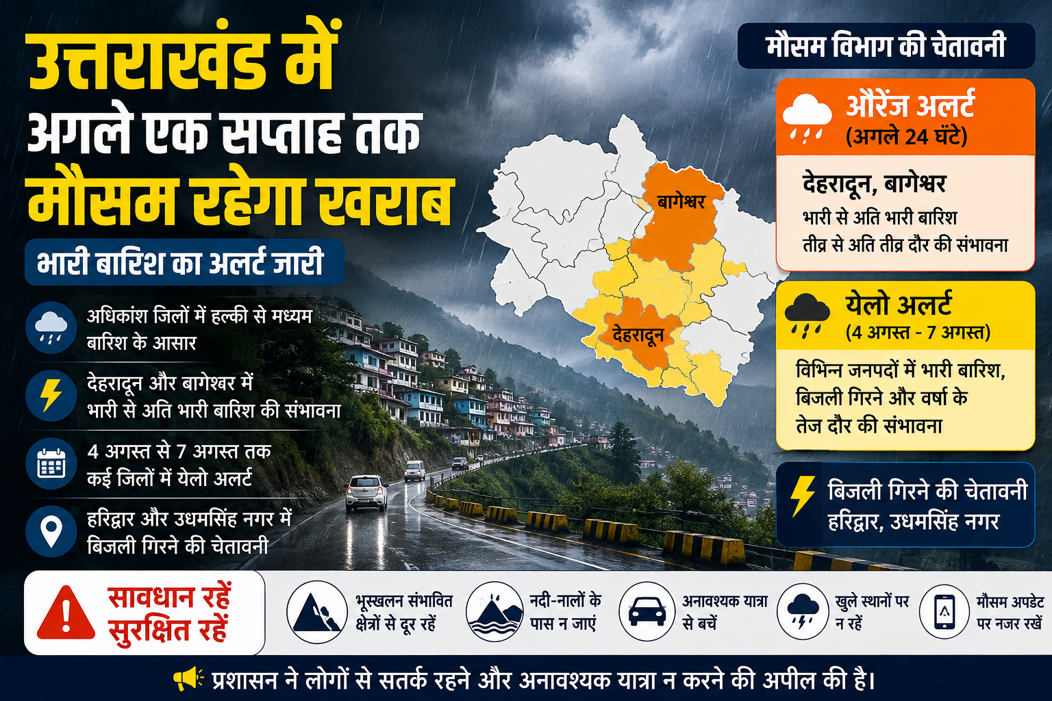 उत्तराखंड Weather Alert: अगले एक सप्ताह तक भारी बारिश का अलर्ट, देहरादून और बागेश्वर में ऑरेंज अलर्ट जारी
