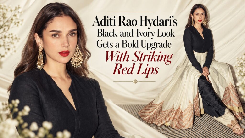 Aditi Rao Hydari’s Black-and-Ivory Look Gets a Bold Upgrade With Striking Red Lips