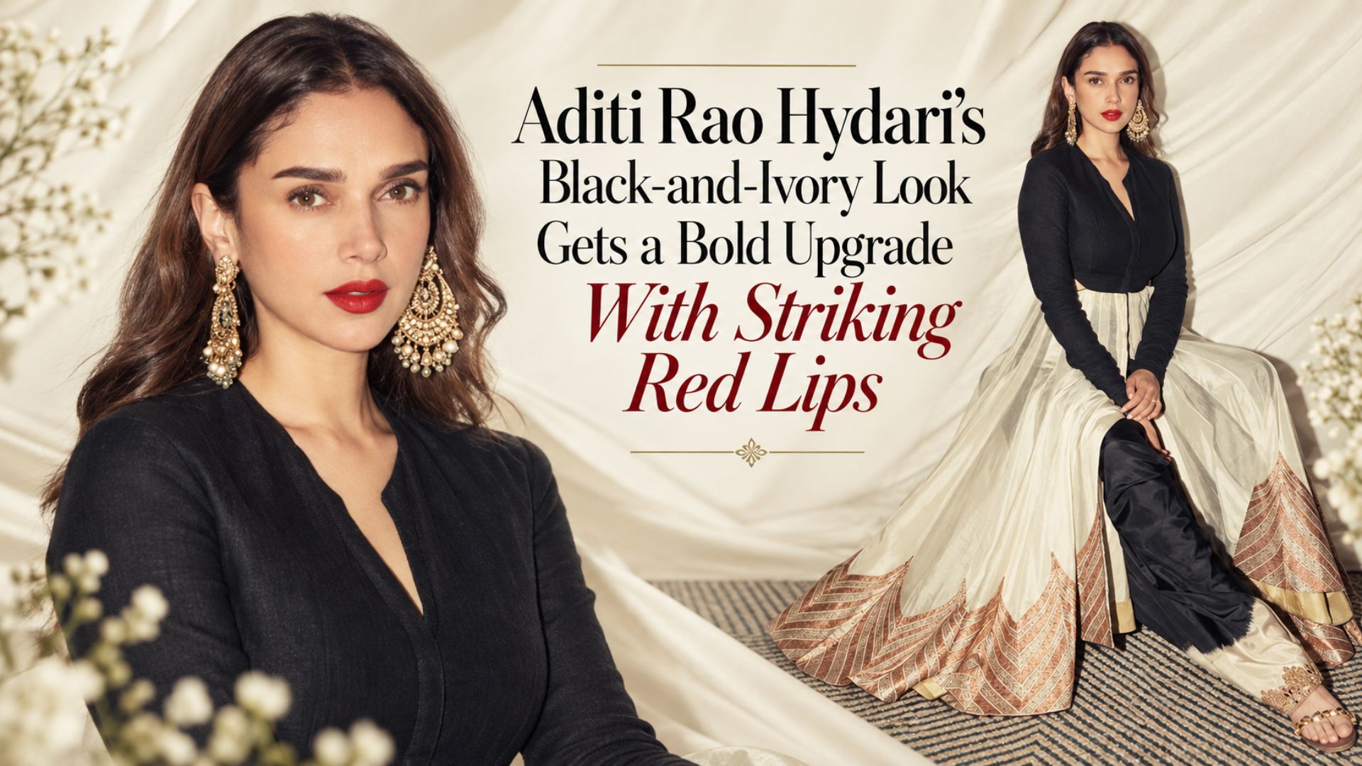 Aditi Rao Hydari’s Black-and-Ivory Look Gets a Bold Upgrade With Striking Red Lips