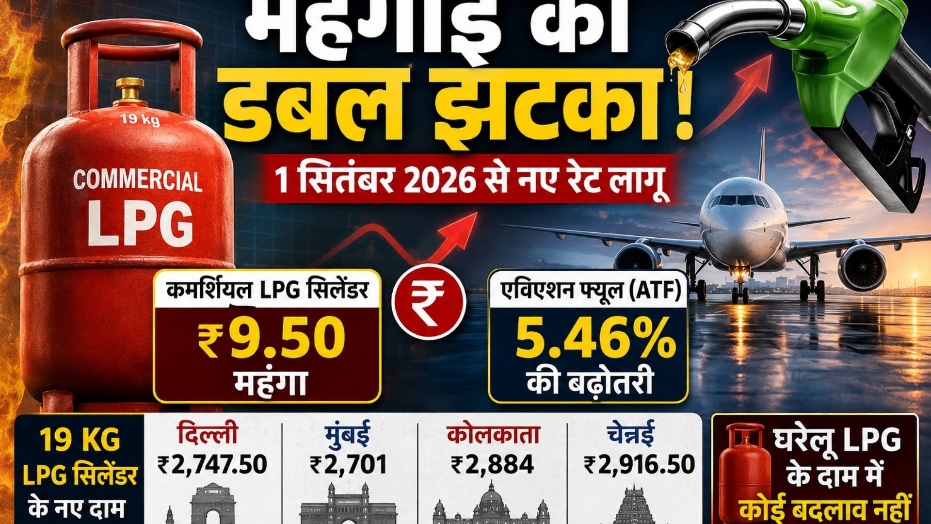 Commercial LPG Price Hike September 2026: ₹9.50 महंगा हुआ सिलेंडर, ATF के दाम 5.46% बढ़े