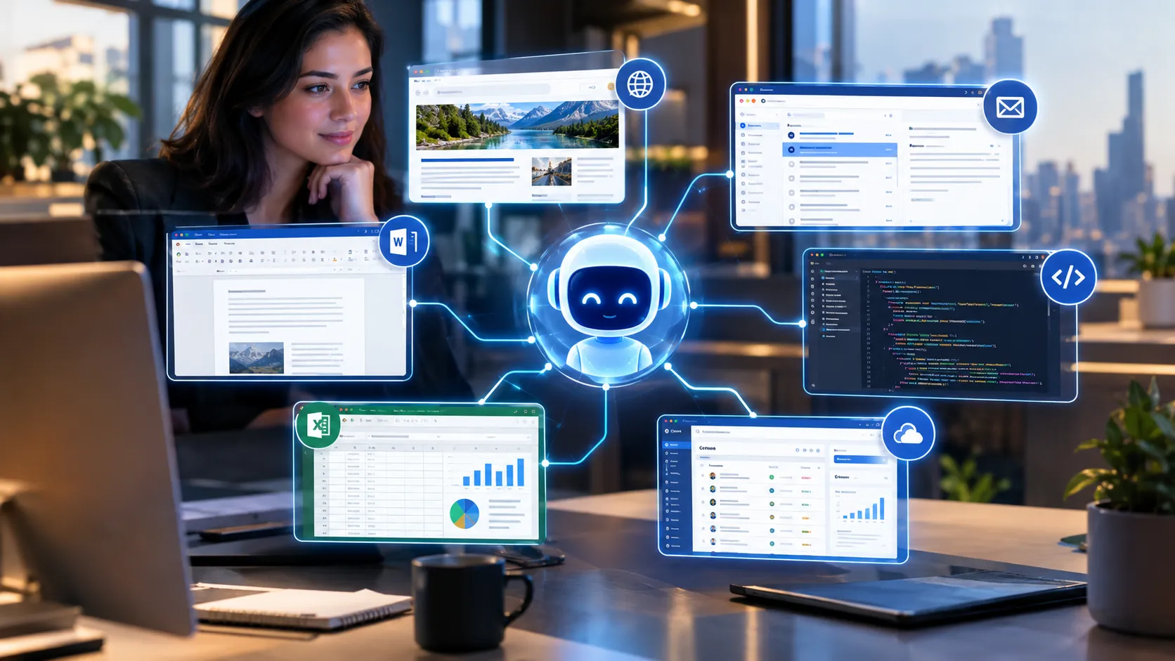 AI agent autonomously performing tasks across multiple digital applications