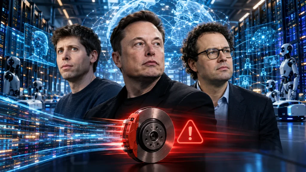 Sam Altman Elon Musk and Dario Amodei amid growing concerns over AI development slowdown and safety