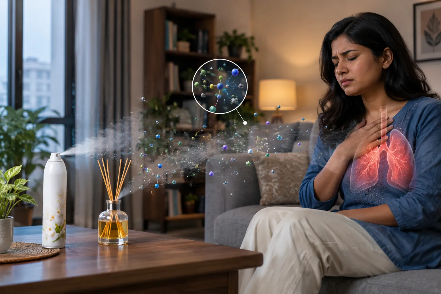 घर में air freshener इस्तेमाल करने से indoor air quality और health पर संभावित असर दिखाता दृश्य