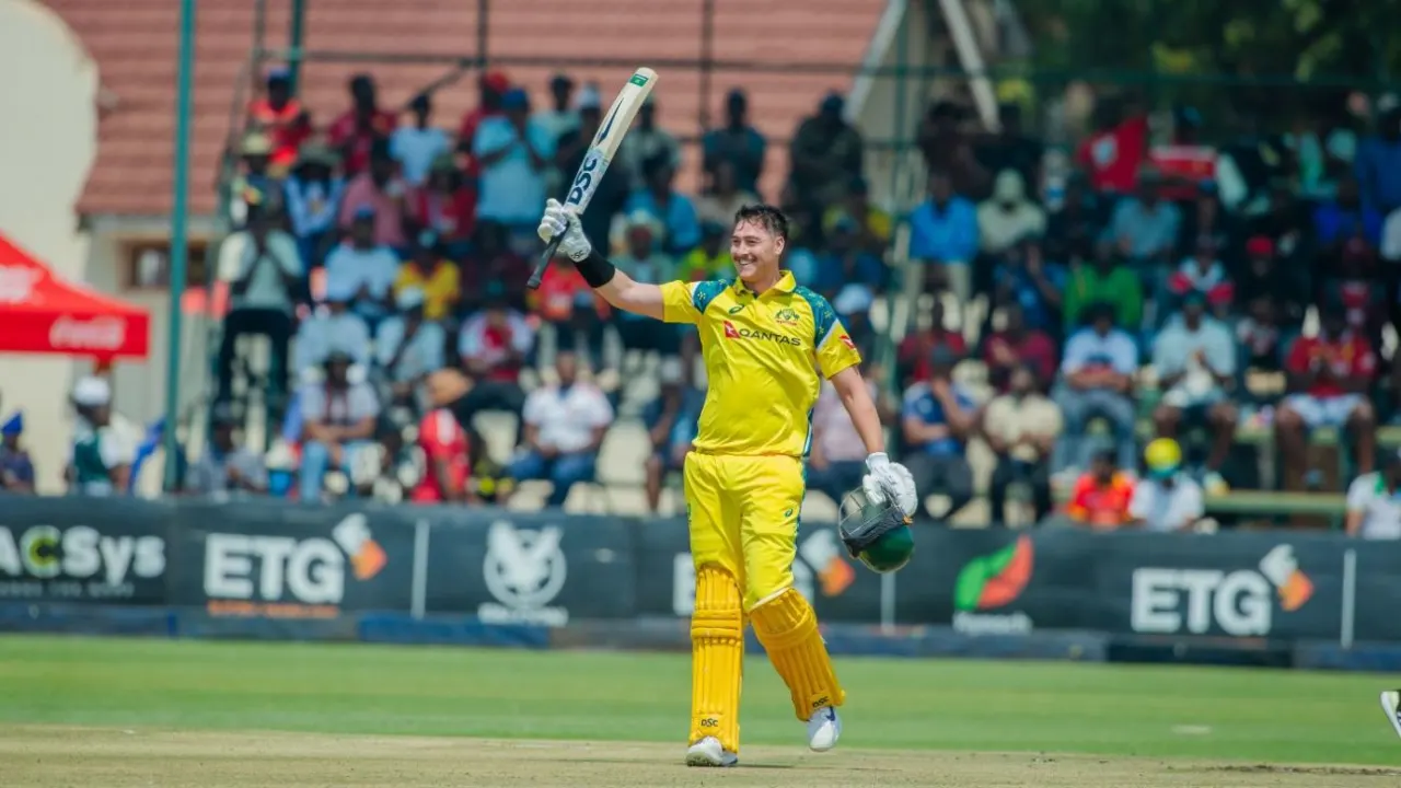 Matt Renshaw celebrates his century for Australia against Zimbabwe in the first ODI Caption: Matt Renshaw scored 109 as Australia defeated Zimbabwe by 59 runs in the first ODI.