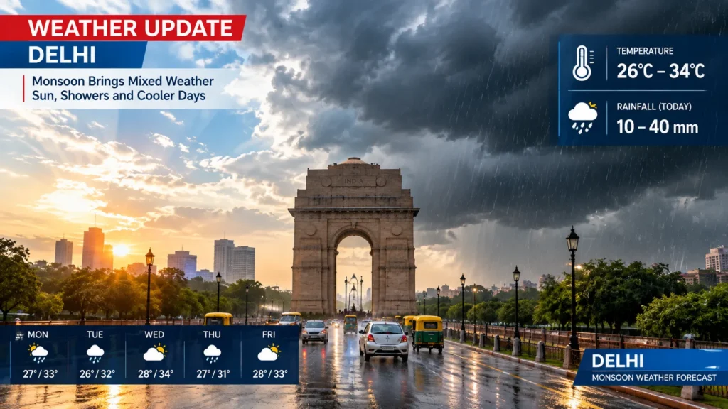 Delhi weather today में बदलते मौसम, बारिश और तापमान का दृश्य
