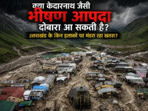 केदारनाथ घाटी में भारी बारिश और फ्लैश फ्लड के संभावित खतरे का दृश्य