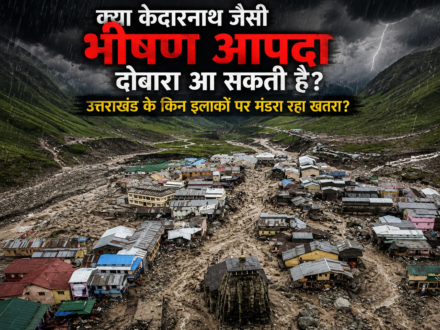 केदारनाथ घाटी में भारी बारिश और फ्लैश फ्लड के संभावित खतरे का दृश्य