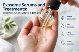 Glass dropper applying exosome serum to a hand, illustrating exosome serums and treatments, their benefits, uses, safety, and results.
