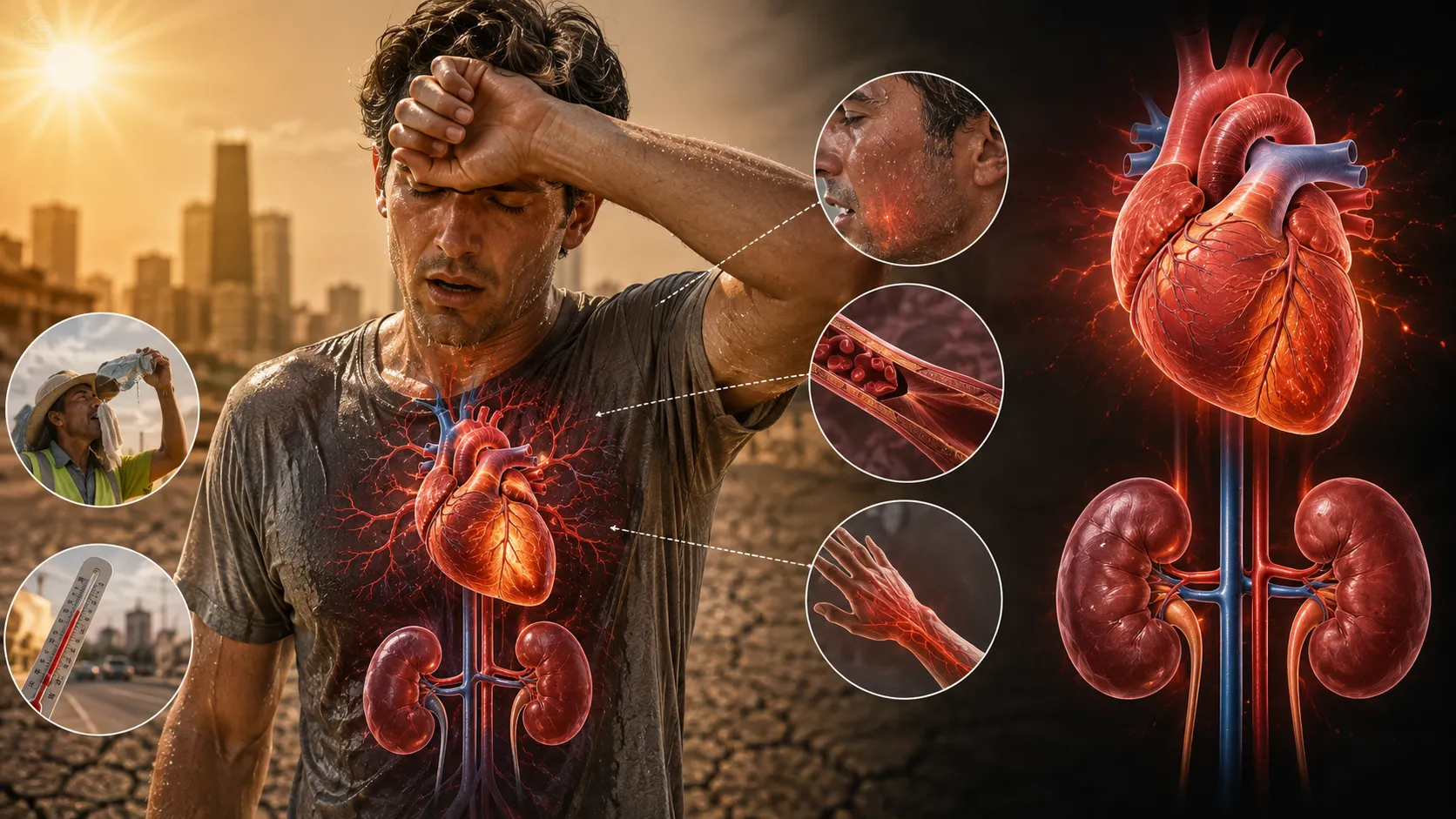 Extreme heat का Heart और Kidney पर असर दिखाता मेडिकल illustration