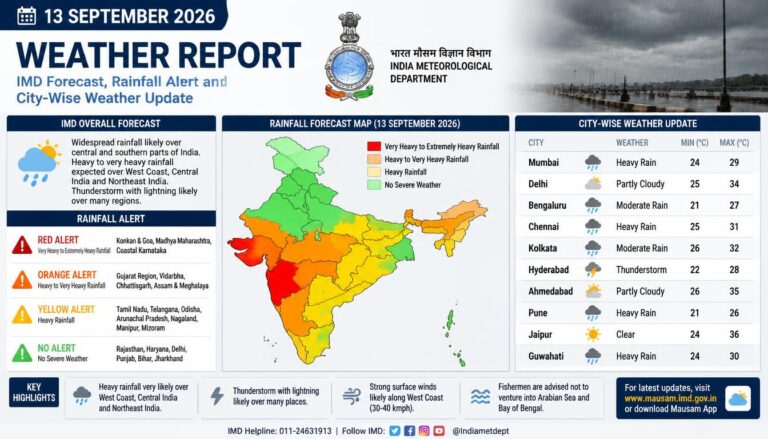 13 September 2026 Weather Report: IMD Forecast, Rainfall Alert and City-Wise Weather Update