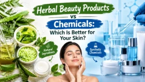 Herbal Beauty Products vs Chemicals featuring aloe vera, natural skincare ingredients, laboratory serums and a woman caring for her skin