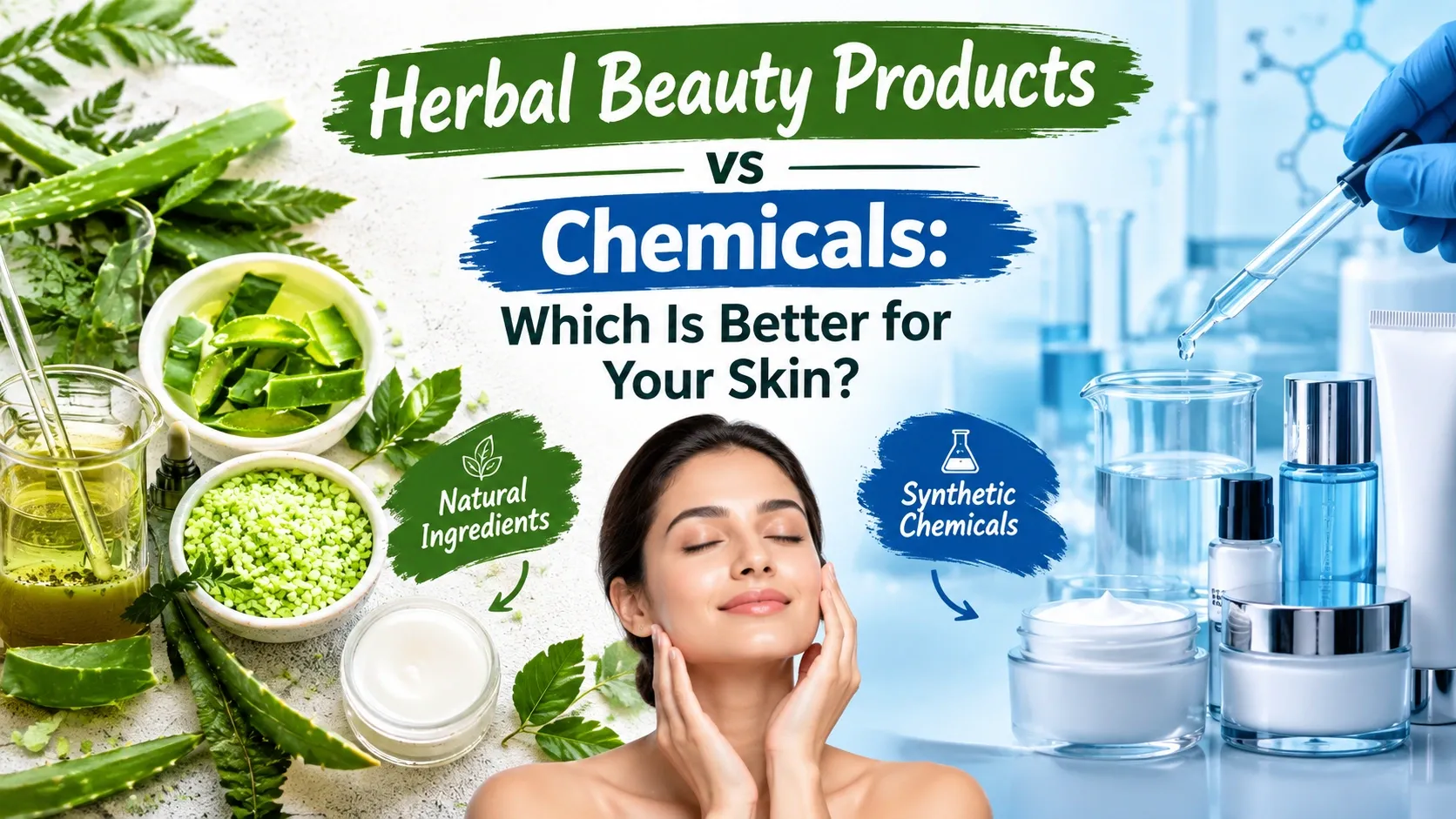 Herbal Beauty Products vs Chemicals featuring aloe vera, natural skincare ingredients, laboratory serums and a woman caring for her skin