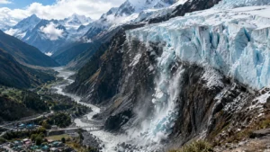 Himalayan mountain slope पर hanging glacier और नीचे नदी घाटी का दृश्य