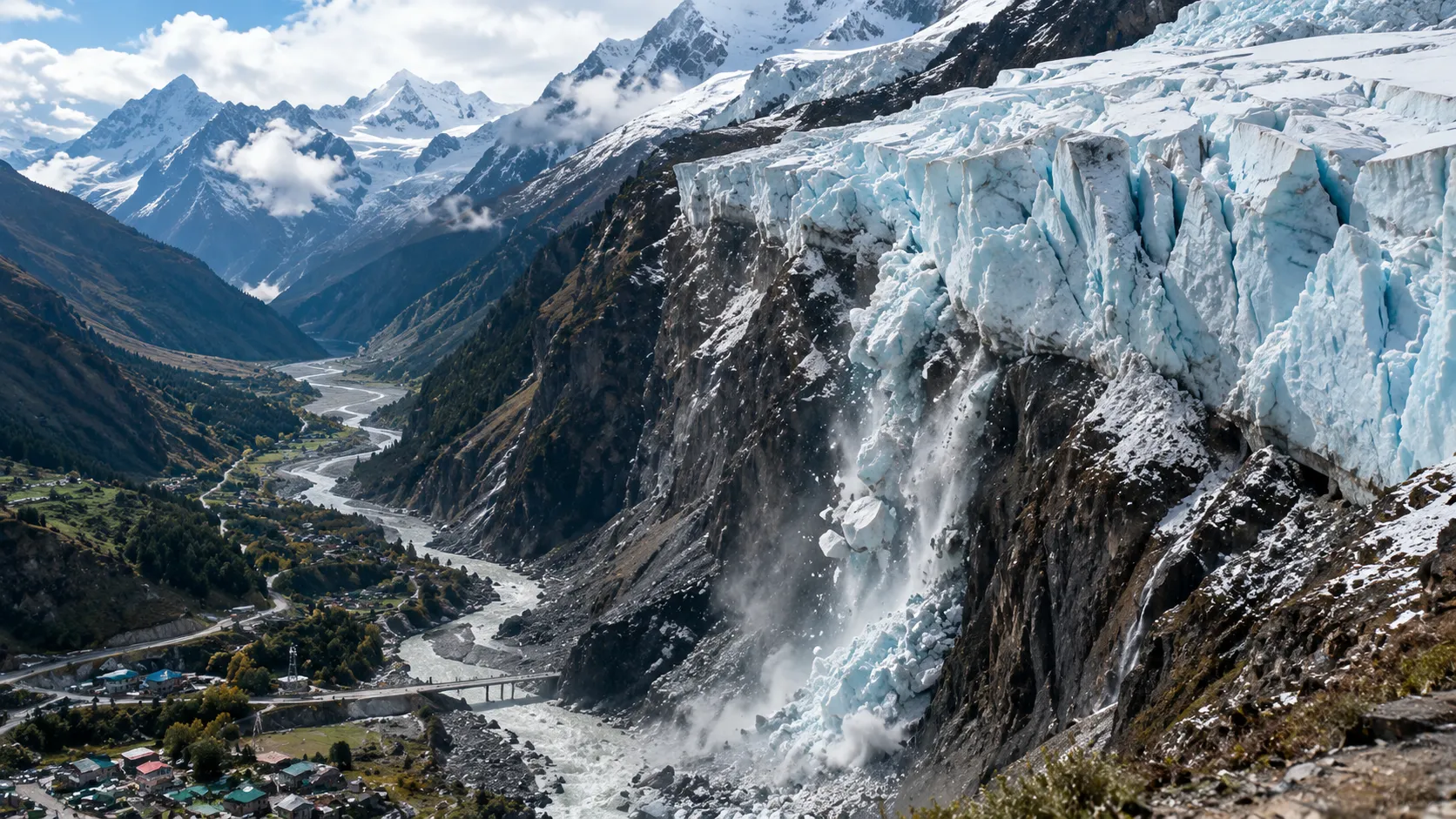 Himalayan mountain slope पर hanging glacier और नीचे नदी घाटी का दृश्य