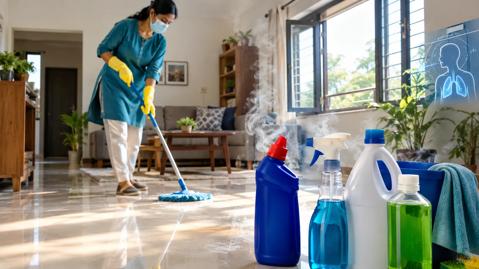 घर में cleaning products और chemical fumes से स्वास्थ्य पर संभावित असर दिखाता दृश्य