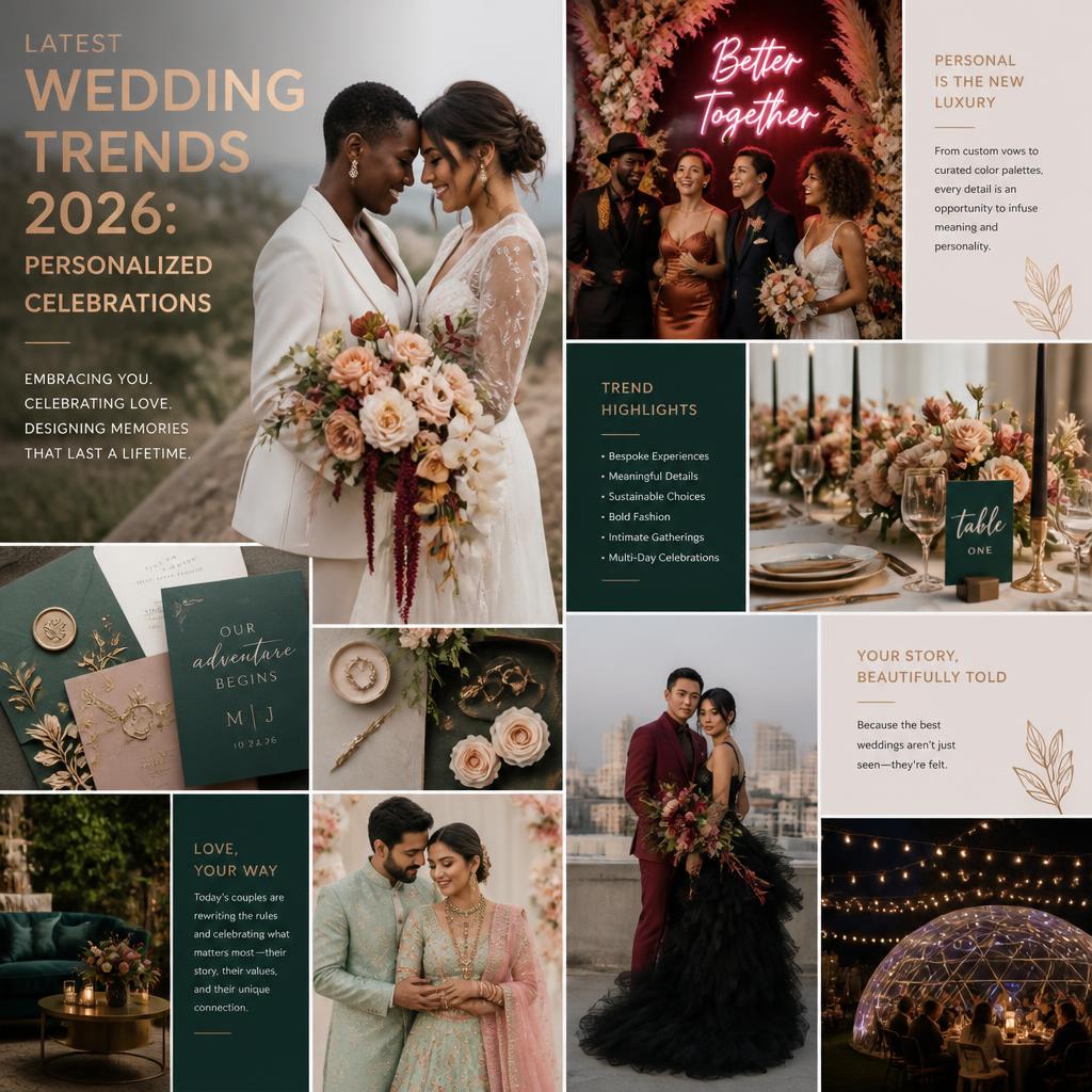Latest wedding trends 2026 featuring personalized celebrations, diverse couples, elegant wedding decor, floral arrangements, stylish outfits, and intimate gatherings.