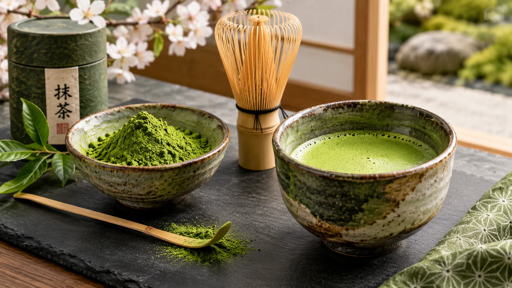 Matcha Tea powder, bamboo whisk and prepared matcha drink