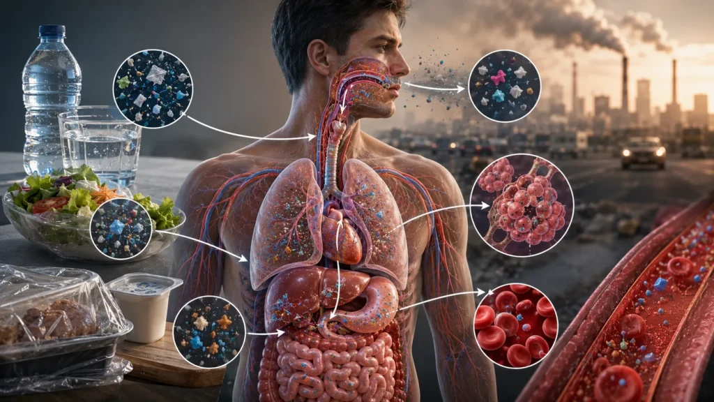 पानी, खाना और हवा के जरिए Microplastics के मानव शरीर में पहुंचने का वैज्ञानिक illustration