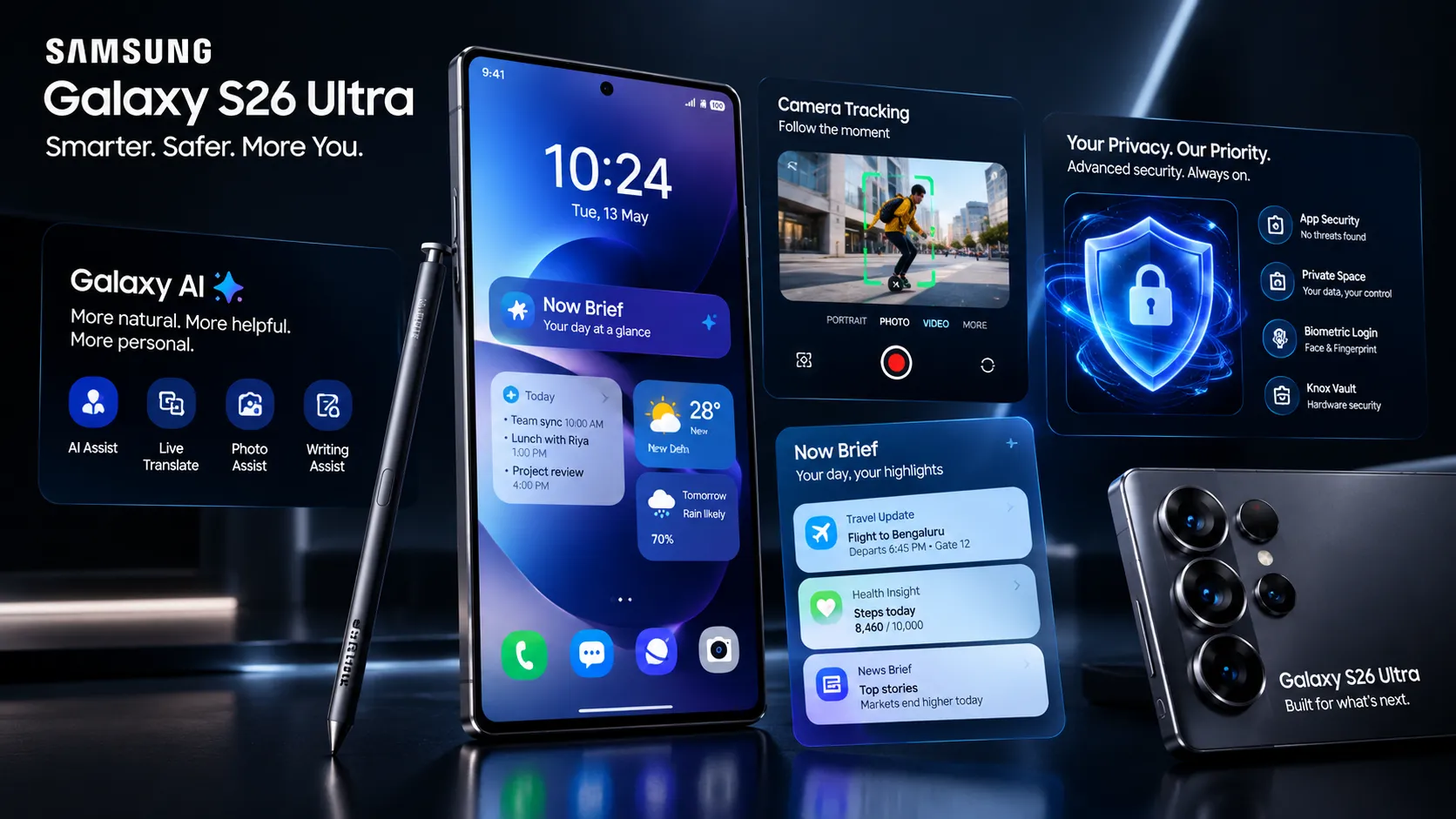 Alt Text: Samsung Galaxy S26 Ultra showing One UI 9 features and Galaxy AI interface