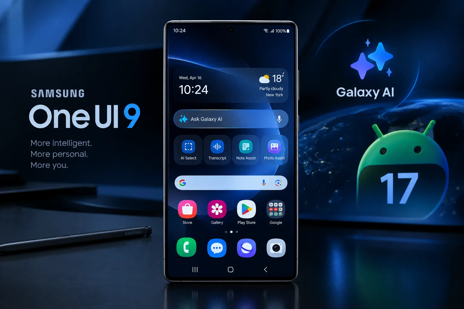 Samsung Galaxy phone showing the new One UI 9 interface and Galaxy AI features